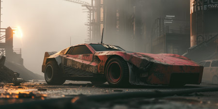 Vintage vehicle amidst futuristic ruinsの素材