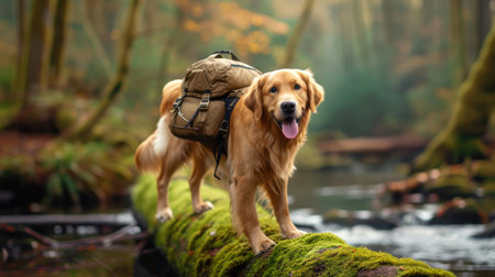 Joyful Golden Retriever with Backpack in Forest Clearingの素材