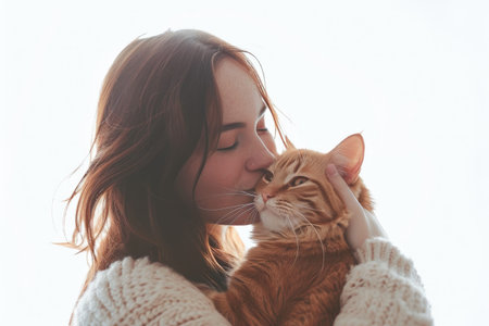 Woman Cradling Her Cat Lovingly Against a White Backdropの素材