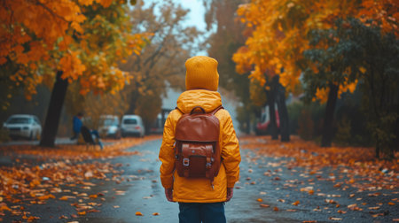Schoolboy Heading to Bus: Autumn Morning Commuteの素材