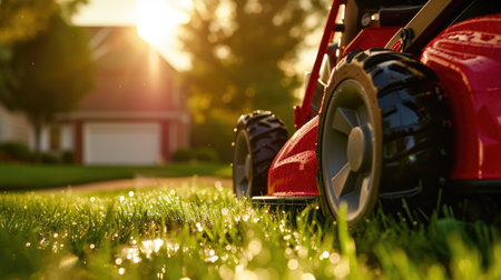 Vibrant Red Lawn Mower in Backyardの素材