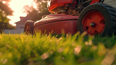 Red Lawn Mower on Perfect Green Lawnの素材
