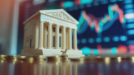 Financial Planning Concept with Bank Model Miniature and Stock Market Graphの素材
