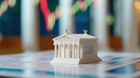 Miniature Banking Model on Table with Financial Analysis Chartの素材