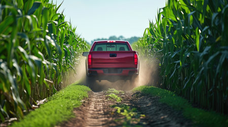 Red Pickup Truck on Rural Roadの素材