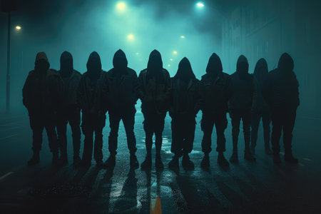 Dark Urban Scene: Hooded Figures in Cinematic Lightの素材