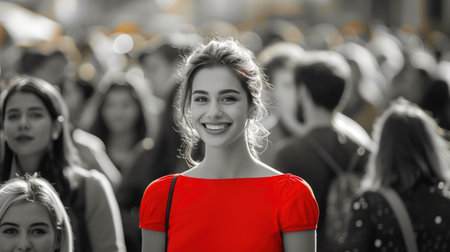 Color Burst: Vibrant Woman Amidst a Black and White Urban Sceneの素材