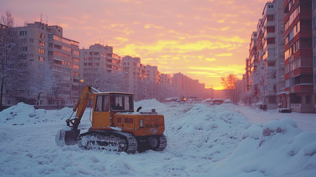Golden Hour Construction: Yellow Excavator in Urban Sunsetの素材