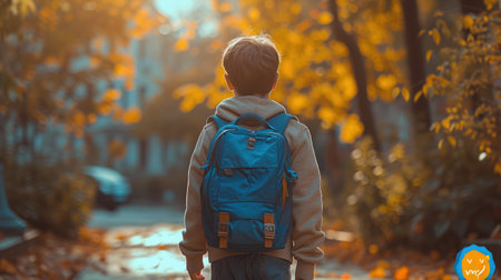 Golden Hour: Schoolboy's Autumn Street Sceneの素材