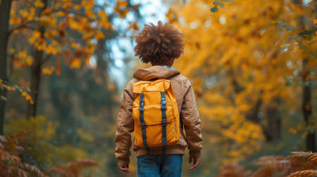 Fall Pathways: School Boy with Curly Hair and Backpackの素材