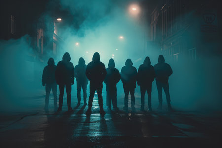 Silhouetted Gangsters in Night Fogの素材