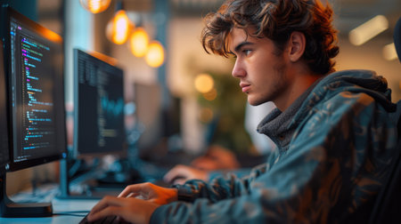 Focused Software Engineer Writing Code for Cyber Defenseの素材