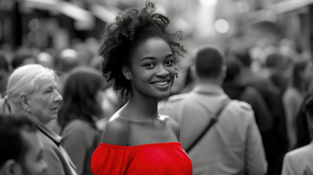 Urban Elegance: Red Dress Woman Shines in Monochrome Cityscapeの素材