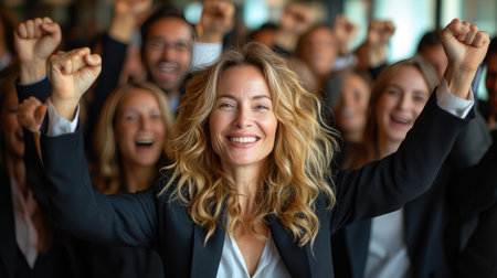 Triumphant Corporate Leadership: CEO and Team Celebrate Successの素材