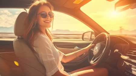 Excited Female Driver Enjoying Road Tripの素材