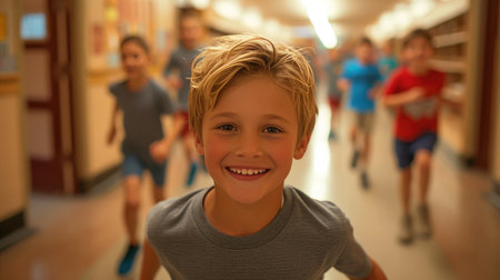 Carefree Childhood: Joyous School Hallway Sceneの素材