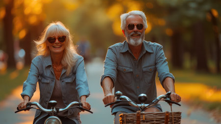 Youthful Exuberance: Senior Couple Cycling in Motionの素材