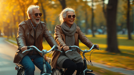 Carefree Seniors: Bicycling Through a Lush Parkの素材