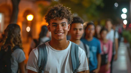 Youthful Diversity: Happy Students Walking Togetherの素材