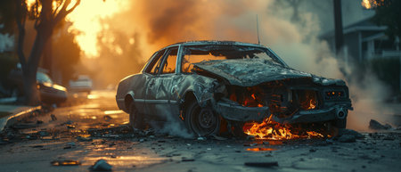 Collision Aftermath: Vehicle Wreckage on Suburban Roadの素材