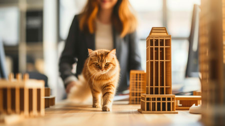 Office Creativity: Architect Building Wooden Skyscraper, Cat Intriguedの素材
