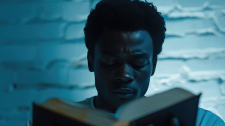 Devout African American Man Reading Bible in Soft Blue Lightの素材