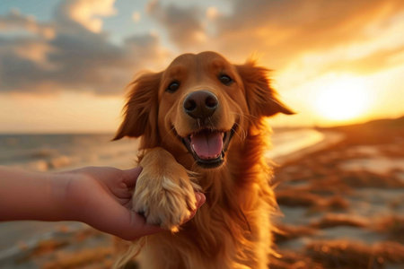 Happy Dog Greeting Human on Sunny Beach Dayの素材
