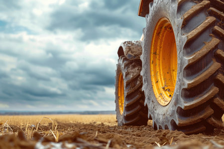 Harvest Season: Close-Up of Farm Tractor on Wheat Farmの素材