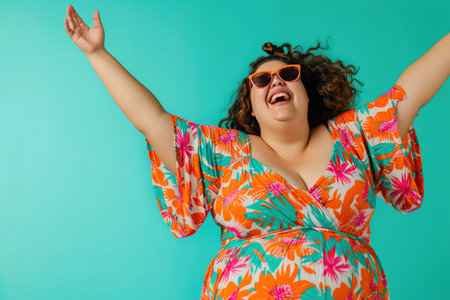 Summer Fun: Plus-Size Lady Celebrating in Fashion Sunglassesの素材