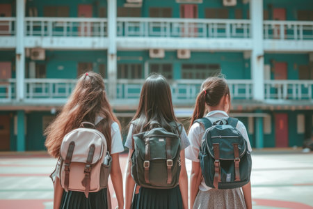 Back to School Trio: Students Arriving at International Schoolの素材