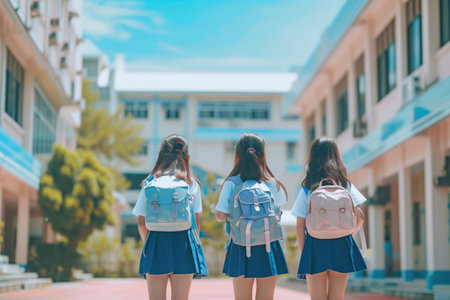 Diverse Trio of Schoolgirls Walking Towards International Schoolの素材