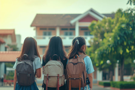 International School Students Walking Together with Backpacksの素材
