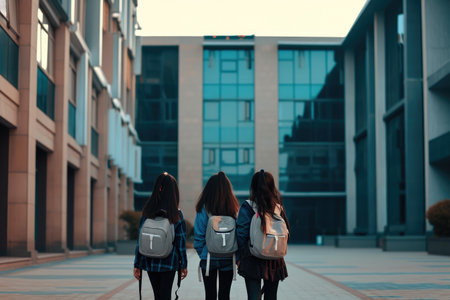 Group of Three Girls with Backpacks Heading to International Schoolの素材