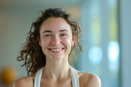 Woman Relaxes and Smiles Post-Yogaの素材