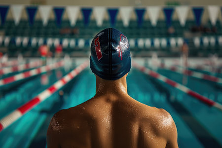 Competitive Swimmer Preparing to Dive Into Poolの素材