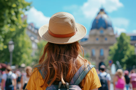 Back View of Tourist with Hatの素材
