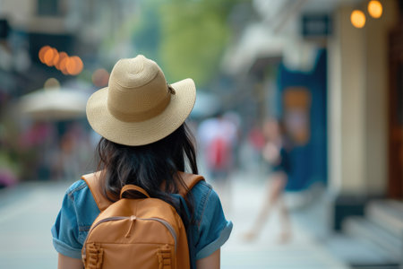 Tourist Woman with Hat and Backpack Enjoying Scenic Viewの素材