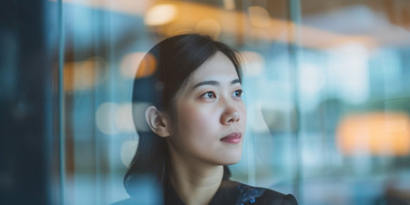 Strategic Businesswoman Watching Urban View from Officeの素材