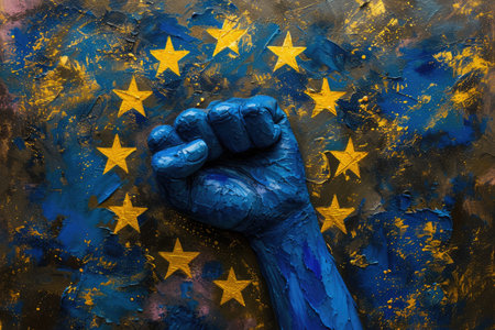 Hand-Painted European Flag Fist with Neutral Backdropの素材
