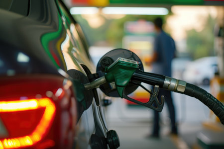 Man Refueling Car at Gas Station with Green Nozzleの素材