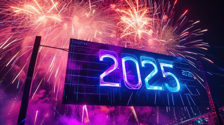 Colorful Neon '2025' Billboard with Stunning Fireworks Displayの素材