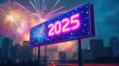 Vibrant Fireworks Framing Neon Billboard '2025' at Nightの素材