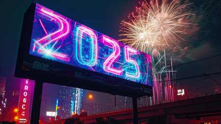 Night Sky Adorned with Neon '2025' and Festive Fireworksの素材