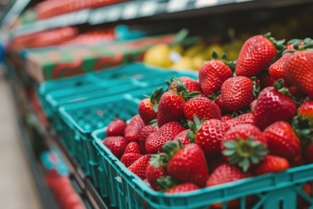 Fresh Bright Red Strawberries on Displayの素材