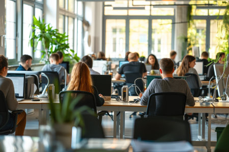 Spacious Office Interior with Employees Engaged in Workの素材