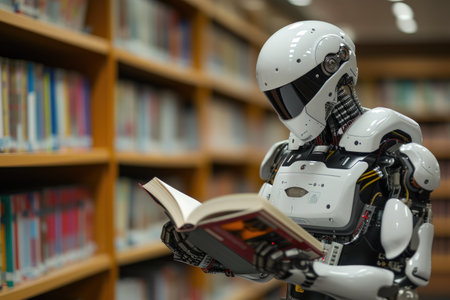 AI Robot Engrossed in Reading a Bookの素材