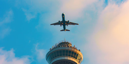 Air Traffic Control Tower with Passing Airplaneの素材