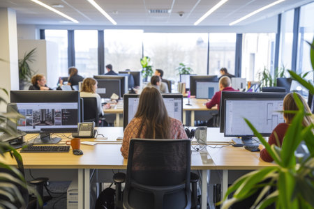 Dynamic Office Scene with Team Members at Desksの素材