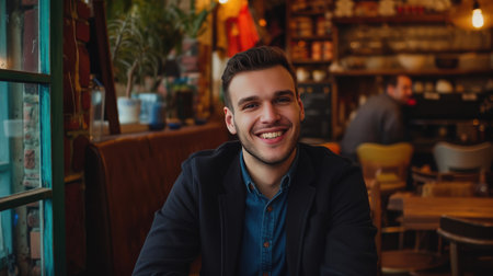 Elegantly dressed man smiling in cafe settingの素材