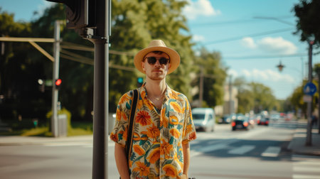 Sunny day pedestrian at traffic signalの素材